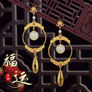 Pendientes colgantes Estilo chino Artesanía antigua Plata 925 Chapado en oro con incrustaciones Natural An Jade Lucky para mujer Vestido de fiesta Regalo de cita