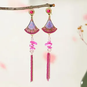 Pendientes colgantes de aleación de campana de estilo chino, colgante de borla de flores coloridas en forma de abanico, joyería japonesa de moda para mujer