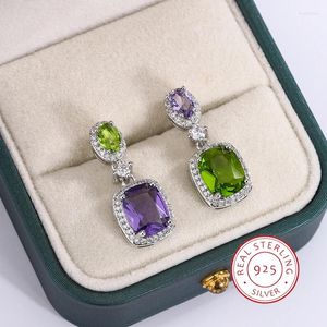Boucles d'Oreilles Pendantes Délicat Naturel Violet Zircon Vert Asymétrique Élégant 925 Bijoux en Argent Elégant Soirée Femme