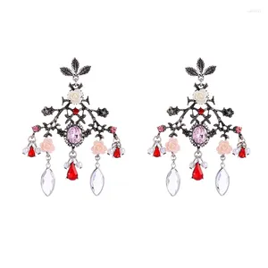 Boucles d'oreilles ethniques multicolores en cristal pour femmes, pompon à fleurs, breloque Vintage en acrylique, accessoires de bijoux à la mode, vente en gros
