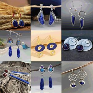 Pendientes colgantes Étnico Redondo Lapislázuli Joyería vintage Metal Color plata Tallado Gotas de agua Colgantes de piedra azul Mujer