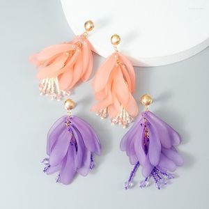 Boucles d'oreilles pendantes en Europe et aux États-Unis, mode créative féminine, perles de riz tissées à la main, couleur bonbon, pétale multicouche, oreille ou