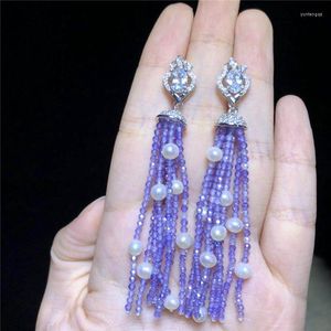 Pendientes colgantes moda púrpura Calcedonia borla gota con perlas mujeres DIY joyería hecha a mano señora regalos