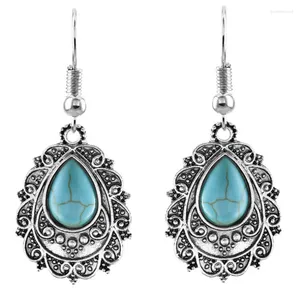 Boucles d'oreilles pendantes FYJS Unique en alliage plaqué argent goutte d'eau vert Turquoises pierre bijoux de Style classique