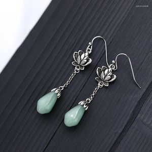 Pendientes colgantes Flor de jade verde Piedra preciosa Vintage Diseñador natural Talismanes Mujeres 925 Joyería de plata Calcedonia Charm Regalos de lujo