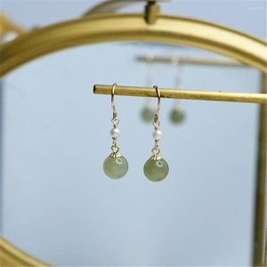 Boucles d'oreilles pendantes faites à la main avec perle de jade hétienne naturelle, crochets d'oreille remplis d'or 14 carats, bijoux féminins doux et frais pour fête d'anniversaire
