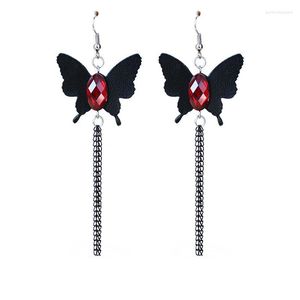 Boucles d'oreilles pendantes faites à la main Sexy femmes gothique noir PU cuir papillon rouge pierre Multi chaîne gland goutte mode bijoux supplémentaires