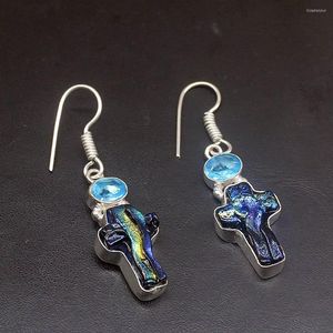 Pendientes colgantes Hermosa cristal dicroico BlueTopaz moda Color plata joyería regalos gota para mujeres niñas 1 7/8 pulgadas FQ221