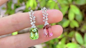 Pendientes colgantes HN joyería fina oro blanco Real de 18 quilates AU750 piedras preciosas de turmalina verde y rosa Natural diamantes de 8,89 quilates para mujer