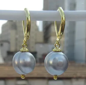 Boucles d'oreilles pendantes, énorme paire charmante de perles grises des mers du Sud de 11 à 10mm, 14k/20