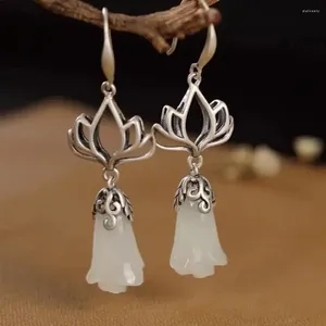 Pendientes colgantes de jade para mujer, cara larga, orquídea adelgazante, magnolia blanca, elegante gancho para la oreja de plata de ley S925