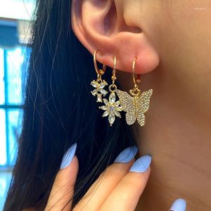 Pendientes colgantes jjfoucs Fashion Metal Butterfly Cz Drop For Women Gold Color Shine Crystal Flower Planting Earing 2024 Joyas