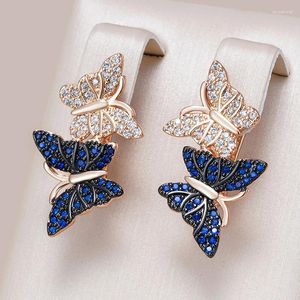Boucles d'oreilles pendantes Kinel bleu naturel Zircon deux papillon goutte pour femmes 585 or Rose et noir placage Animal quotidien Punk bijoux