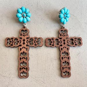 Boucles d'oreilles pendantes, croix en filigrane en bois découpée au Laser avec fleur en fleurs Turquoise, vente en gros de bijoux 2023