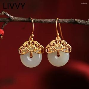 Boucles d'oreilles pendantes LIVVY mode ronde pierre naturelle pendentif femmes Vintage Style chinois Ruyi paix bijoux de fête de mariage