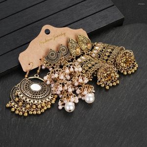 Boucles d'oreilles en peluche de luxe rétro en or zircon zircon sets bijoux longs pignon perles pendants pour les femmes de boucle d'oreille géométrique ethnique