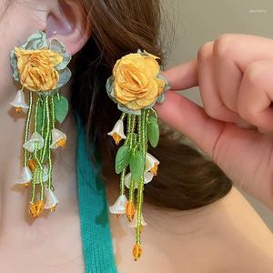 Boucles d'oreilles pendantes Minar contraste exagéré couleur jaune tissu cristal Miyuki brin gland fleur longue goutte pour les femmes bijoux en gros