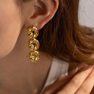 Boucles d'oreilles pendantes Minar Hyperbole non ternissante en or 18 carats plaqué PVD en acier titane métallique plissé creux feuille de lotus longue goutte pour femme