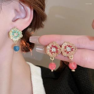 Boucles d'oreilles en peluche minar de style coréen en pierre naturelle en pierre de pierre fleur longue goutte pour femmes bijoux de vacances en gros métal plaqué or