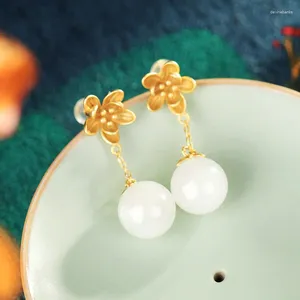 Boucles d'oreilles pendantes en forme de fleur de jade Hetian naturel en argent sterling S925 avec perles rondes blanches rétro élégantes pour femmes
