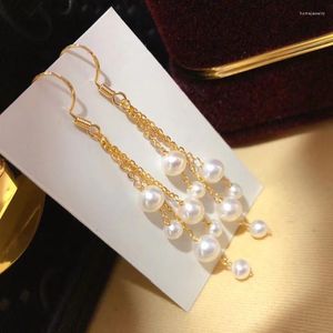 Boucles d'oreilles pendantes sans ternissement plaqué or rond naturel blanc véritable perle pendante longue boucle d'oreille tendance