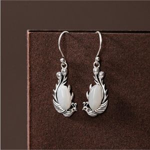 Boucles d'oreilles pendantes Original naturel Hetian Jade Phoenix chinois rétro Fine sculpture concepteur artisanat charme femmes bijoux en argent Chande