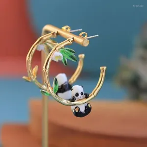 Boucles D'oreilles Pendantes Panda Et Bambou Avec Clous D'oreille En Émail