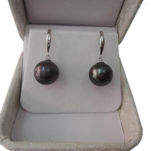 Boucles d'oreilles en peluche en boucles d'oreille en eau fraîche 925 crochet gros 9-10 mm perfectionner perles noires rondes 925silver