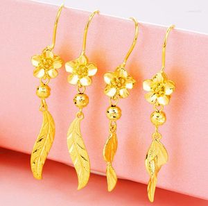 Boucles d'oreilles pendantes en cuivre pur, fleur plaquée avec or, vente en gros de feuilles du Vietnam, à la mode pour femmes