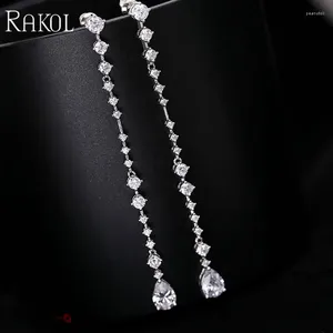 Pendientes colgantes RAKOL moda borlas de circonia cúbica para mujer coreano elegante perlas de imitación pendiente largo Boda nupcial