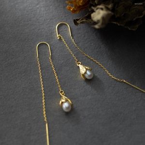 Boucles d'oreilles pendantes Réel 925 Sterling Silver Ethnic White Orchid Pearl Drop Golden Pull Through Threader Earring Fine Jewelry For Women