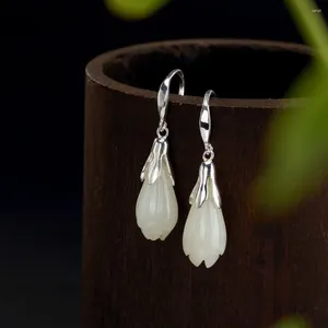 Pendientes colgantes Real Solid 925 STERLING STORKY LUCKY Natural Jade White Orchid Flower Women