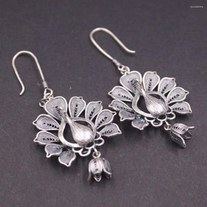 Pendientes colgantes de plata sólida 925 auténtica para mujer, regalo, flor de filigrana de la suerte, pavo real