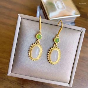 Pendientes colgantes Plata de ley S925 Gotas para los oídos de jade blanco hetiano natural Gracia refinada Estilo chino simple Vintage Mujer para regalar a mamá