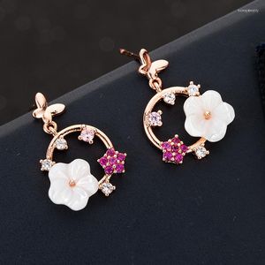 Pendientes colgantes, pendientes de mariposa dulce, planta, flores, gota de concha para mujer, amuleto de círculo de cristal, joyería nupcial femenina