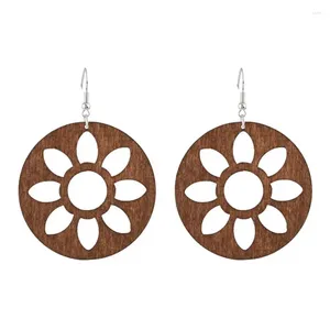 Boucles d'oreilles pendantes en bois naturel pour femmes, forme ronde, goutte de fleur découpée, à la mode, grands bijoux en bois, vente en gros