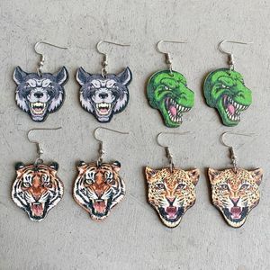 Boucles d'oreilles pendantes à la mode en bois dinosaure loup léopard visage de tigre pour les femmes bois forêt Animal bijoux en gros