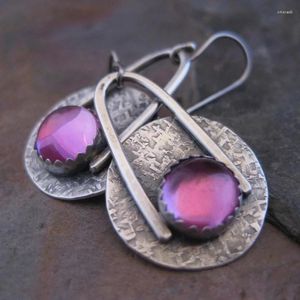 Boucles d'oreilles pendantes Vintage ethnique Tribal rond violet pierre crochet pour femmes mode bijoux Antique sculpté métal boucle d'oreille accessoires