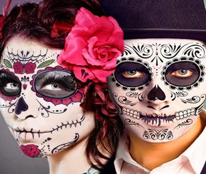 Dao des morts visage tatouages 10 feuilles Halloween Kit d'autocollants temporaires Dia de Los Muertos paillettes roses rouges squelette crâne de sucre Fa9607949