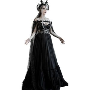 Vestido de novia negro gótico de cuento de hadas oscuro con corpiño de corsé ahuecado Fantasía Una línea Vestidos de novia Vampiro medieval Boda de Halloween 2047