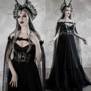 Vestido de novia negro gótico de cuento de hadas oscuro con corpiño de corsé ahuecado Fantasía Una línea Vestidos de novia Vampiro medieval Boda de Halloween 253K