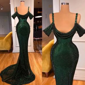 Vestidos de noche de color verde oscuro Correas de sirena fuera del hombro Lentejuelas con cuentas brillantes Por encargo Ocasión formal Vestir Vestido de fiesta árabe