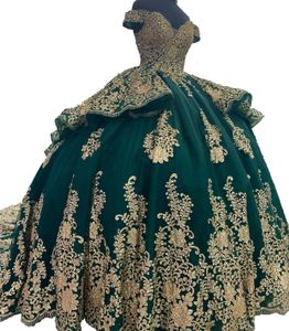 Dark Green Gold Quinceanera Dress 2023 Puffy Crackled Lace Sweet 16 Ball Gown Tulle Vestidos De 15 Anos Lace-Up Corset Back Off-Shoulder Sweetheart Quince Royal Blue