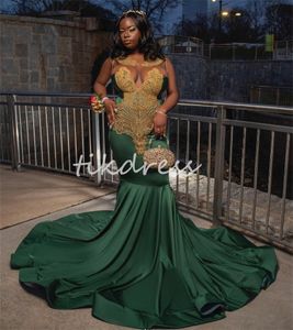 Robe de soirée de sirène vert foncé avec diamant en cristal noir noire plus taille robes de bal 2024 Golden perles de fête d'anniversaire formel vestios africain