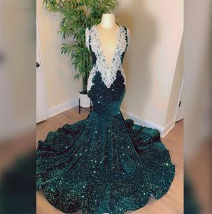 Dark Green Sequin Sliver Tassels Prom Dresses 2023 Luxury Black Girls Beaded Appliques Mermaid New In Dress Party Night Cocktail