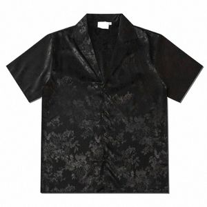 Dark Ic Jacquard Material satinado Butt Down Camisa de hombre Camisas de material suave de verano para hombre Camisas de calle vintage Hombre Top Y9cv #