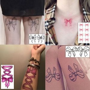 Pegatinas de tatuaje de dibujos animados de mariposa de línea oscura, tatuajes sexys con lazo bonito para mujer, brazo falso, hombro, muslo, arte corporal, tatuajes temporales
