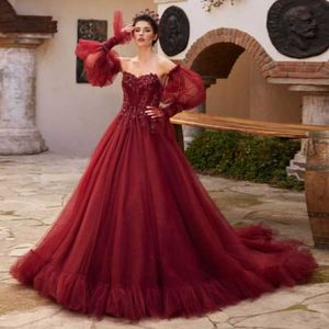 Robe de princesse rouge foncé, avec manches détachables, robe de célébrité perlée, à volants, en Tulle, avec traîne, robes de soirée, 2024, 326 326