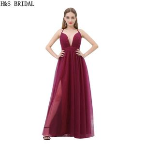 Tul de color rojo oscuro Vestidos de noche baratos V Cierras delgadas Sexy Borgoña Prom Party Gowns B0155923841
