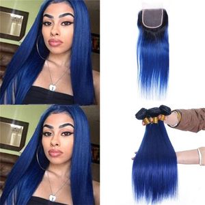 Dark Root #1B Blue Ombre Brazilian Human Hair Weave Bundles Silky Straight Double Weft with Ombre 4X4 Lace Closure
